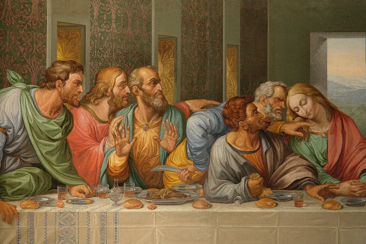Un dettaglio ravvicinato del mosaico che mostra diversi apostoli in vesti verdi, rosse, arancioni e blu chini sul tavolo.