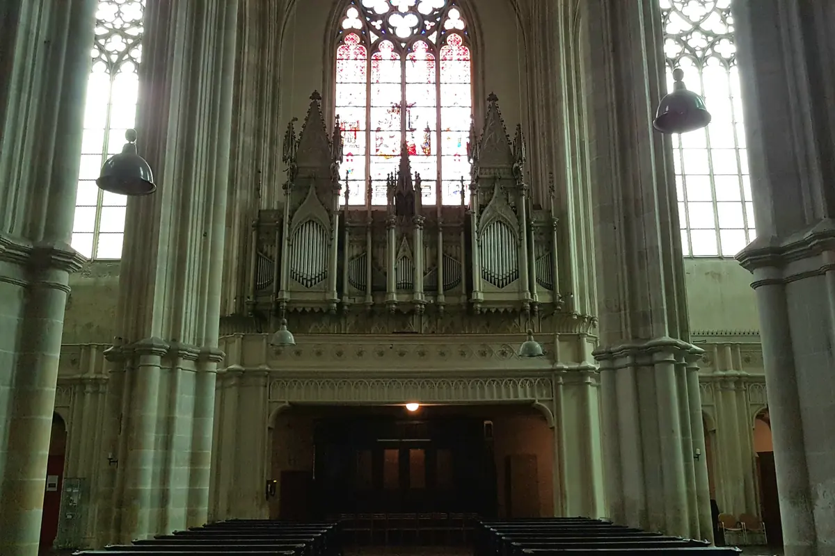 La cassa dell’organo sotto un’alta finestra a sesto acuto all’estremità occidentale della chiesa, tra pilastri in pietra verde pallido.